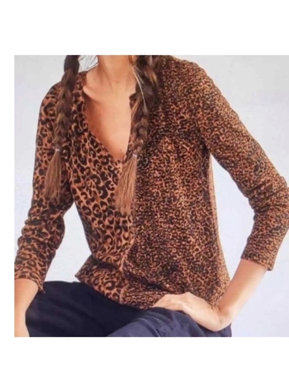 Anthropologie Pilcro Leopard-Print split neck Long Sleeve thermal top Small